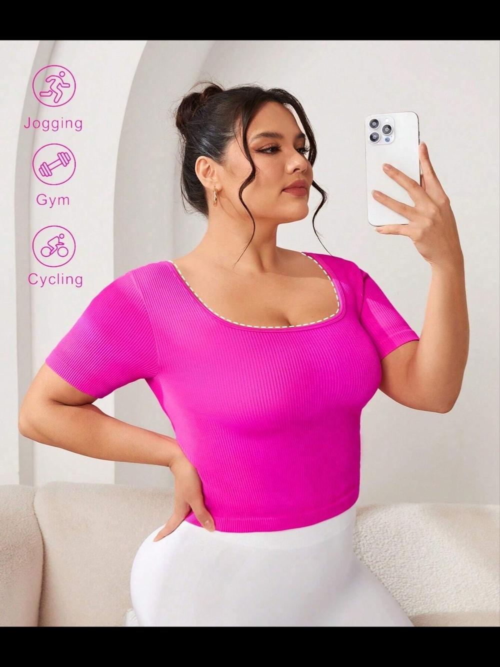 SHEIN Ribbed Scoop Neck Crop Top - Hot Pink
